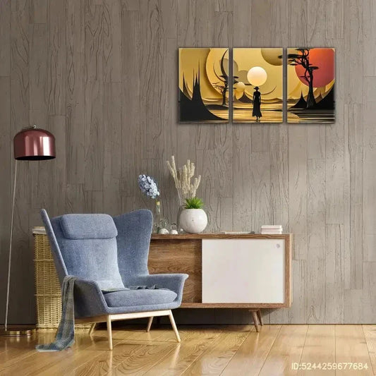 3pcs Afrocentric Landscape Painting Golden Art Metal Print Ready to Hang Art