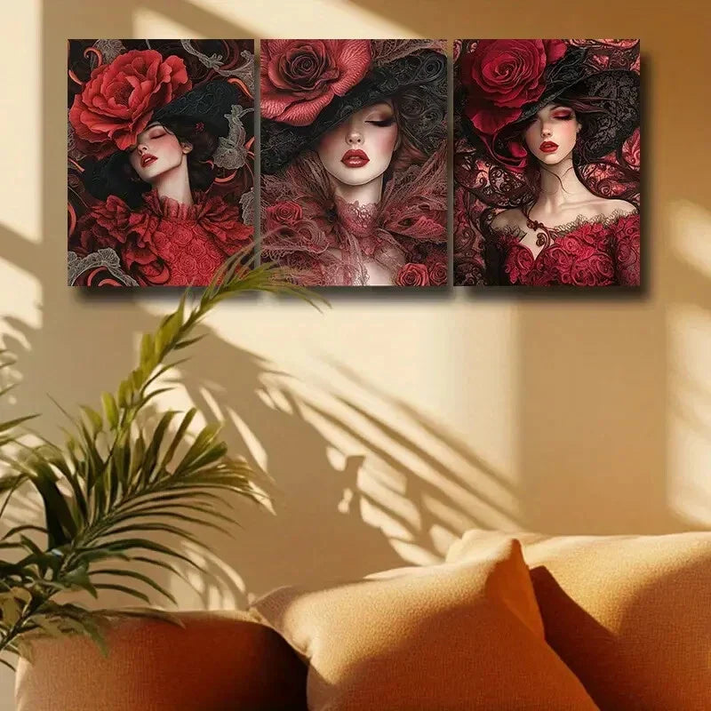 3pcs Sexy woman with Red Floral Metal Print Ready to Hang Art