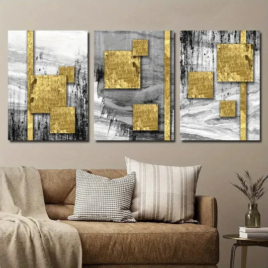 3pcs Abstract Geometric Golden Square Luxury Metal Print Ready to Hang Art