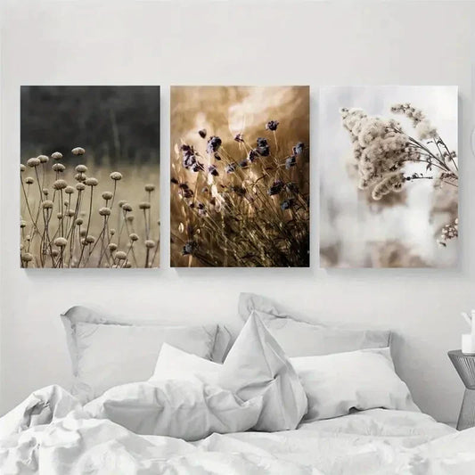 3pcs Minimalist Beige Flower Field Design Metal Print Ready to Hang Art