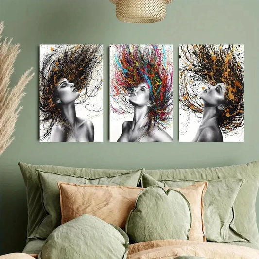 3pcs Vibrant And Artistic Hair Figures Metal Print Ready to Hang Art