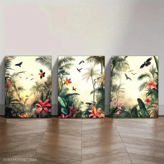3pcs Vibrant Tropical Jungle Birds and Flowers Metal Print Ready to Hang Art