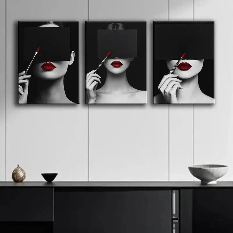 3pcs A Woman in Red Lipstick Darkness Perfect Wall Art Set Canvas Framed 40x60cm - High Quality Print 100% Australian Made Wall Canvas Ready to Hang