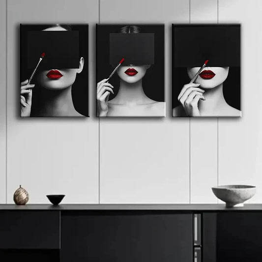 3pcs A Woman in Red Lipstick Darkness Perfect Wall Art Set Canvas Framed 40x60cm - High Quality Print 100% Australian Made Wall Canvas Ready to Hang