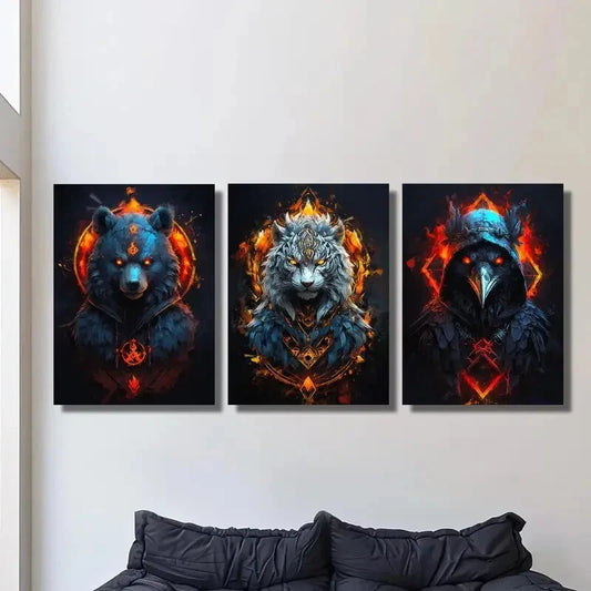 3pcs   red flaming white tiger, Black bear, crow Metal Print Ready to Hang Art