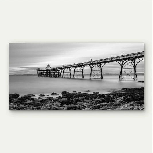 Black and White Coastal Pier Wall Art Canvas Office Home Framed 80x45cm