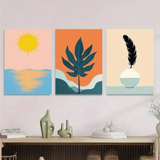 3pcs Vibrant Sun, Leaf Pink, Orange, Blue, Green Metal Print Ready to Hang Art