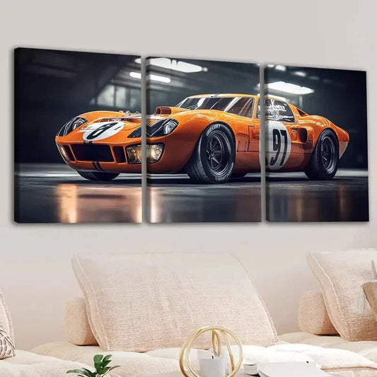 3pcs Fashion Yellow Cool Sport Car White Lights Wall Art Set Canvas Framed 40x60cm - High Quality Print 100% Australian Made Wall Canvas Ready to Hang