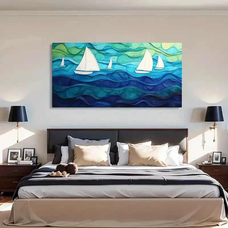 Sea Waves Vibrant Blue Décor Wall Art Canvas Office Home Room Framed 120x60cm