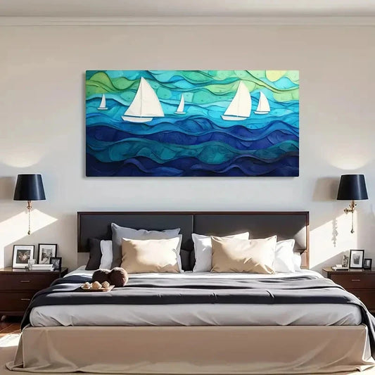 Sea Waves Vibrant Blue Décor Wall Art Canvas Office Home Room Framed 120x60cm