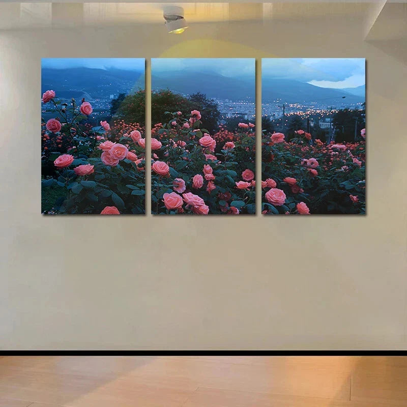 3pcs Vibrant Pink Roses & Mountain Summer Floral Metal Print Ready to Hang Art