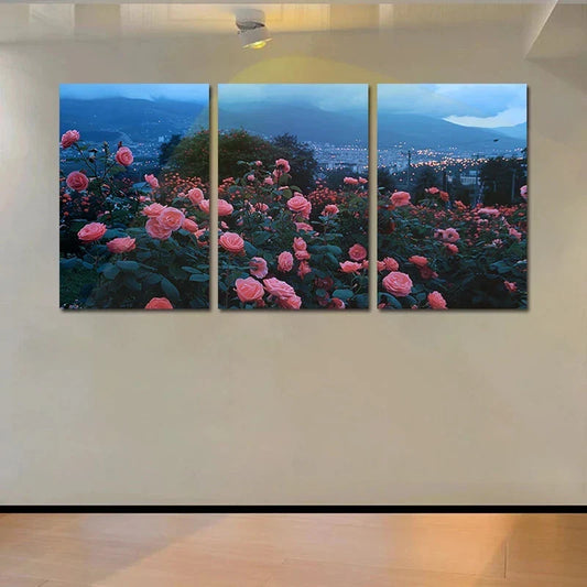3pcs Vibrant Pink Roses & Mountain Summer Floral Metal Print Ready to Hang Art