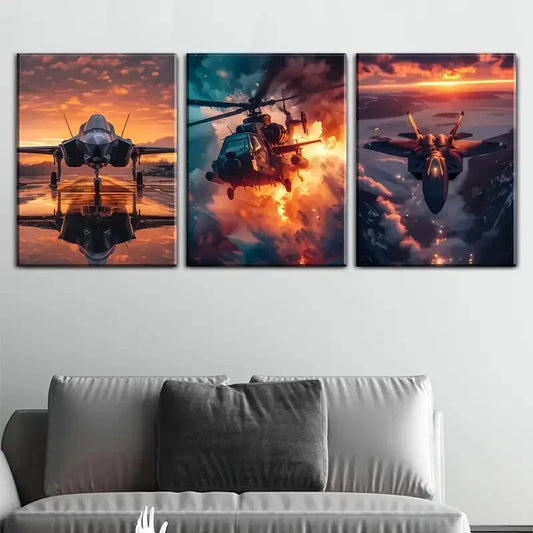 3pcs military aircraft including fighter jets   Metal Print Ready to Hang Art