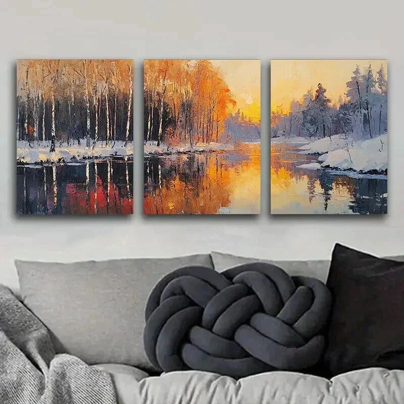 3pcs Winter Forest Sun Shine Colorful Perfect Wall Art Set Canvas Framed 40x60cm - High Quality Print 100% Australian Made Wall Canvas Ready to Hang