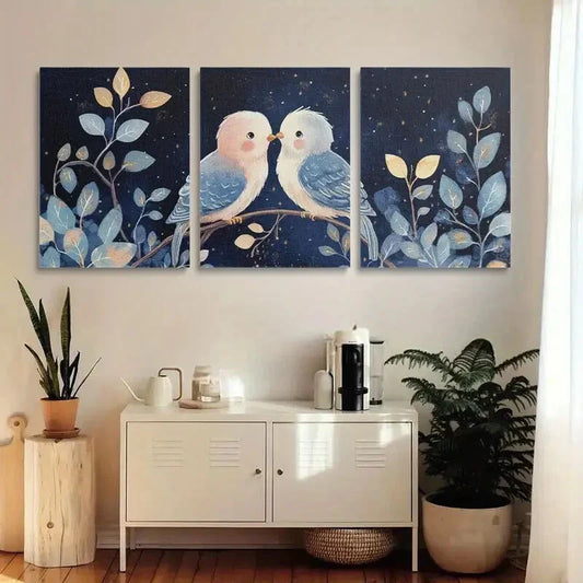 3pcs Lovebird Midnight Blue & Golden Accents Metal Print Ready to Hang Art