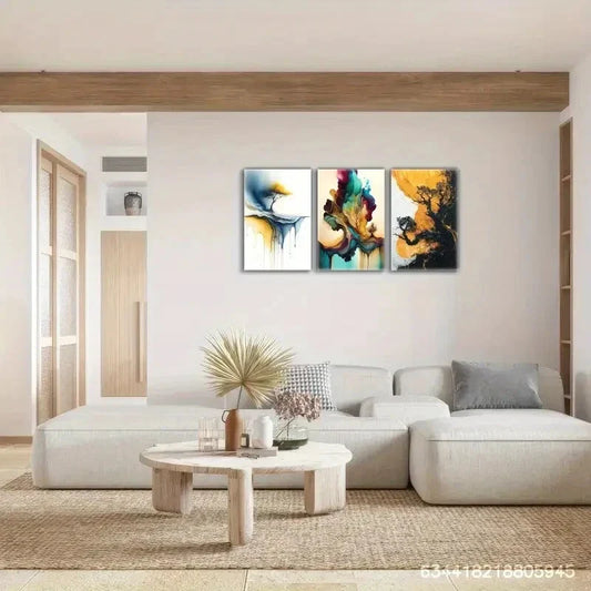 3pcs Golden Embrace, Cool Paint Colors, Abstract Metal Print Ready to Hang Art