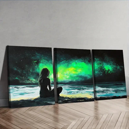 3pcs Vibrant Northern Lights Seascape Wall Art Set Canvas Framed 40x60cm - High Quality Print 100% Australian Made Wall Canvas Ready to Hang