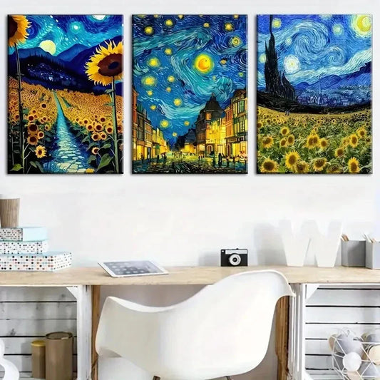 3pcs Vibrant Sunflower Field & Starry Night Metal Print Ready to Hang Art