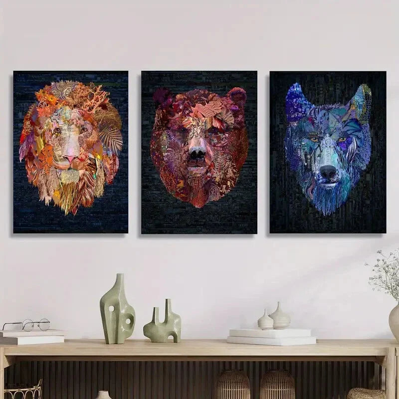 3pcs Vibrant Lion, Bear & Wolf Head Illustration Metal Print Ready to Hang Art