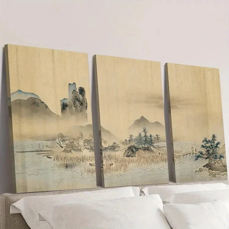 3pcs Ukiyo-e vintage Japanese landscape  Wall Art Set Canvas Framed 40x60cm - High Quality Print 100% Australian Made Wall Canvas Ready to Hang