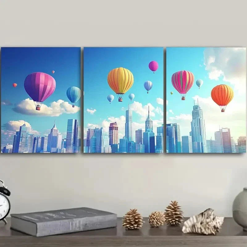 3pcs Skyscrapers and hot air balloons Wall Art Set Canvas Framed 40x60cm - High Quality Print 100% Australian Made Wall Canvas Ready to Hang