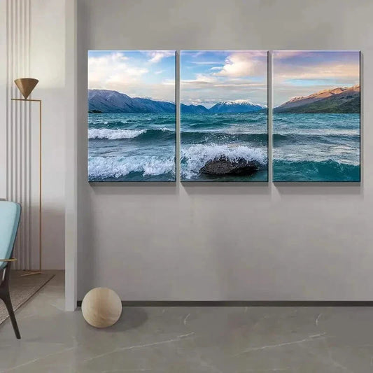 3pcs Turquoise Lake and Mountain Picture Metal Print Ready to Hang Art