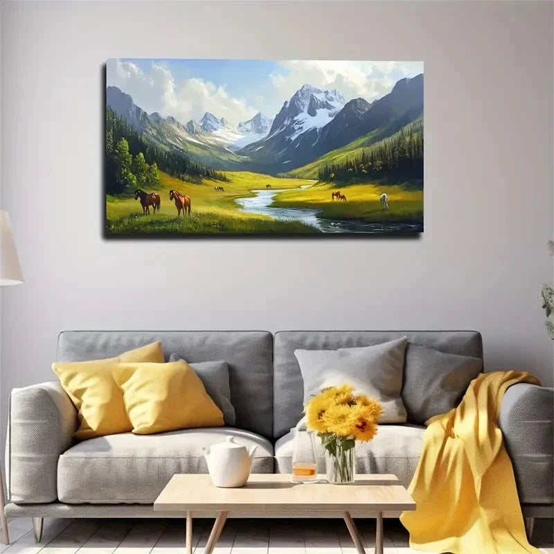 River Grazing Animals Wall Art Canvas Office Home Room Framed 80x45cm