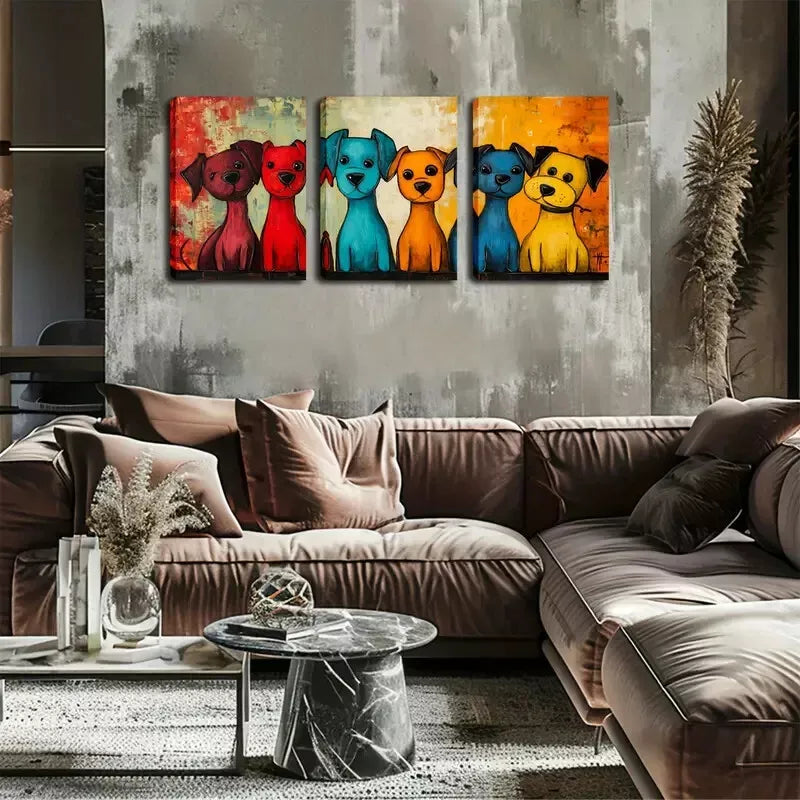 3pcs Vibrant Cartoon Dog Trio   Wall Art Set Canvas Framed 40x60cm - High Quality Print 100% Australian Made Wall Canvas Ready to Hang