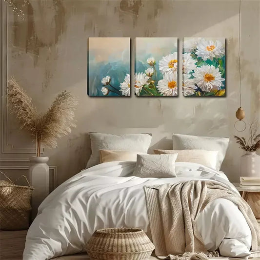 3pcs  Romantic White Chrysanthemum In The Wild Wall Art Set Canvas Framed 40x60cm - High Quality Print 100% Australian Made Wall Canvas Ready to Hang