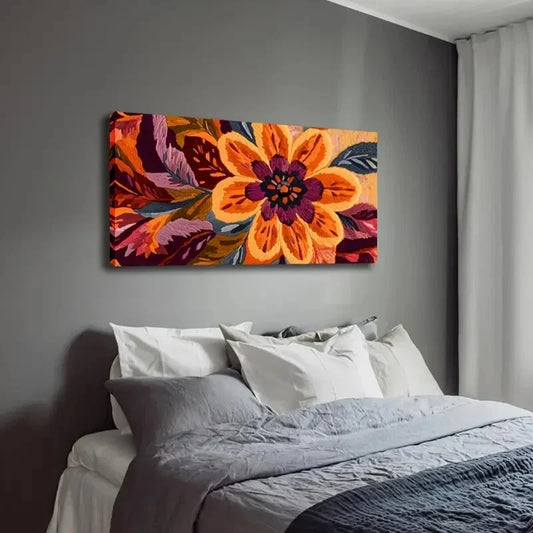 Purple & Green Flower Design Wall Art Canvas Office Home Room Framed 120x60cm
