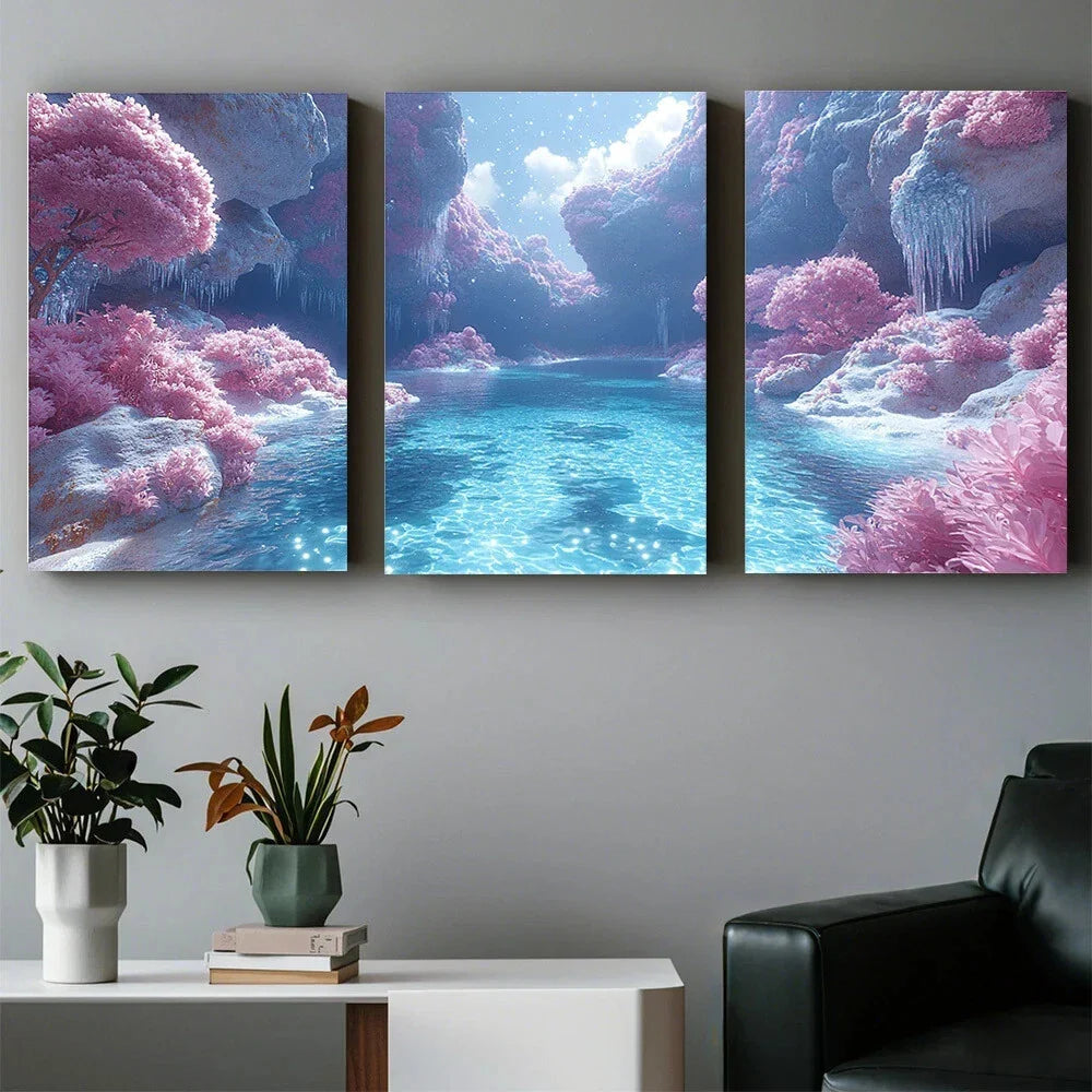 3pcs Magical Pink Trees and River Metal Print Ready to Hang Art