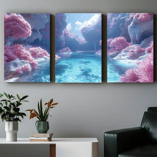 3pcs Magical Pink Trees and River Metal Print Ready to Hang Art
