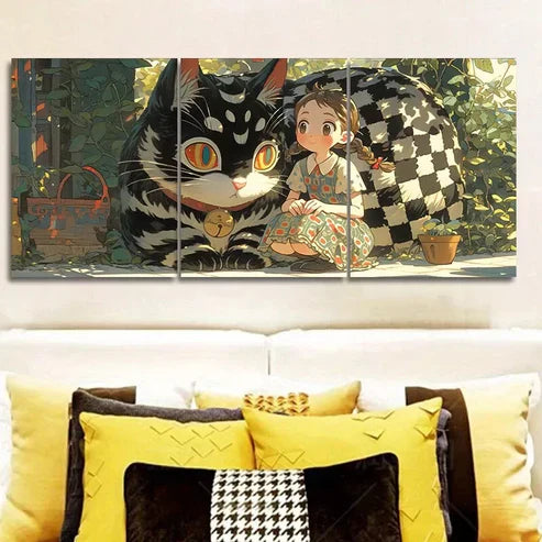 3pcs The Cat And The Girl Modern Art Wall Art Set Canvas Framed 60x90cm - High Quality Print 100% Australian Made Wall Canvas Ready to Hang