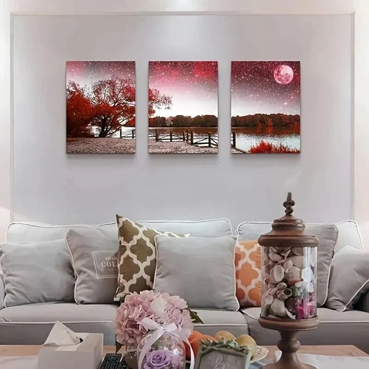 3pcs Red Tree and Moon Landscape Metal Print Ready to Hang Art