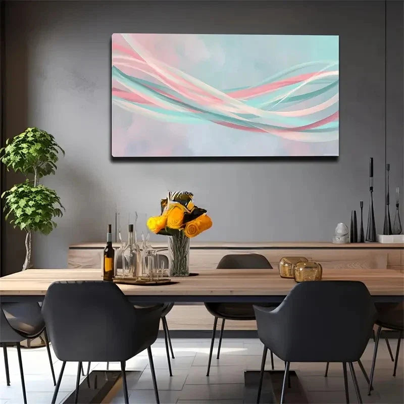 Pink Blue Green Ribbon Inter Wall Art Canvas Office Home Room Framed 80x45cm