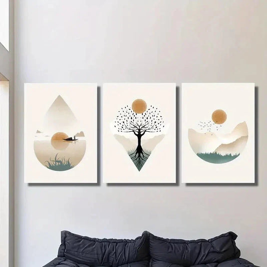 3pcs watercolor sun landscape painting, tree Metal Print Ready to Hang Art