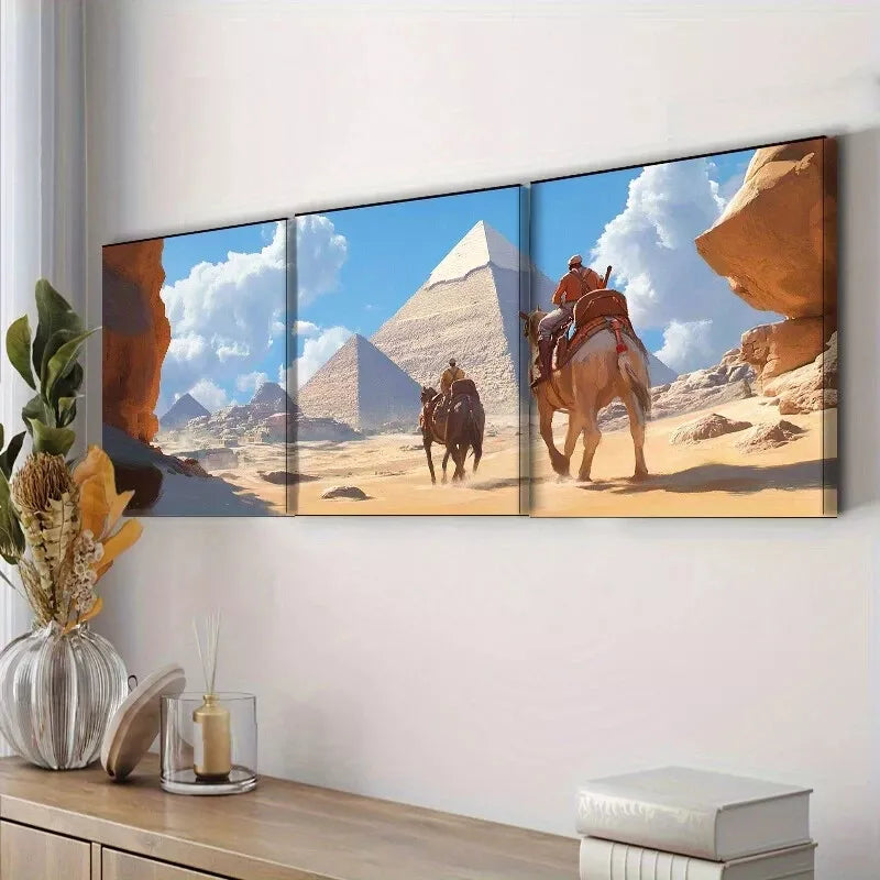 3pcs Camel Train Theme Pyramids Nature   Wall Art Set Canvas Framed 40x60cm - High Quality Print 100% Australian Made Wall Canvas Ready to Hang