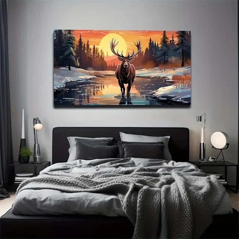 Vivid Elk Winter Scene Wall Art Canvas Office Home Room Framed 80x45cm