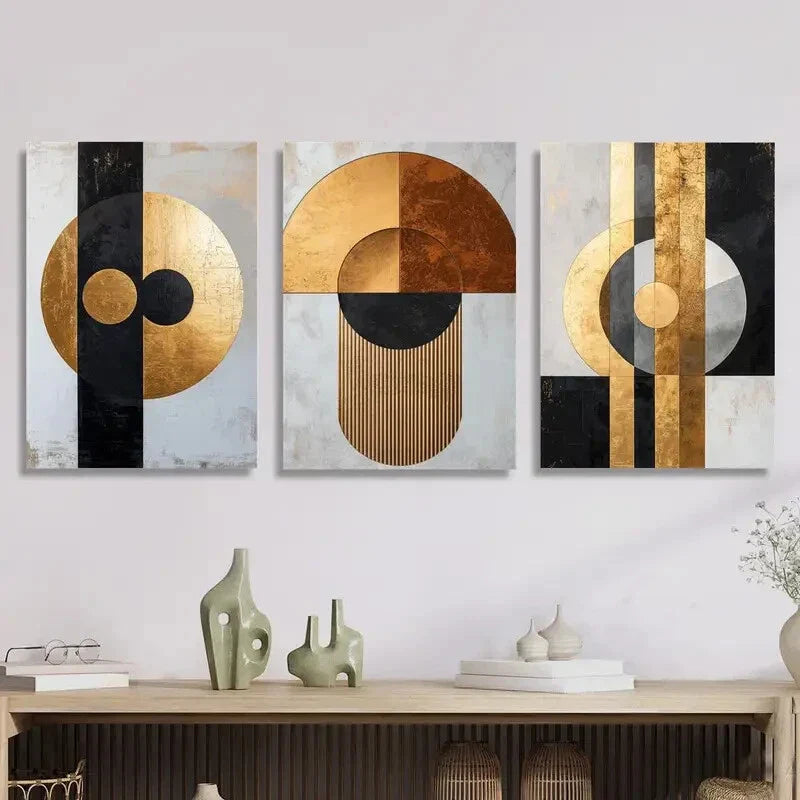 3pcs Golden Black Geometric Abstract Metal Print Ready to Hang Art
