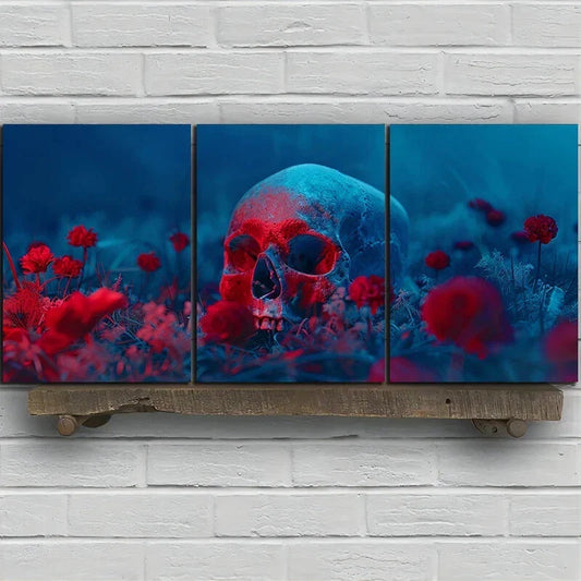 3pcs Skeleton and Flowers Red Blue Metal Print Ready to Hang Art