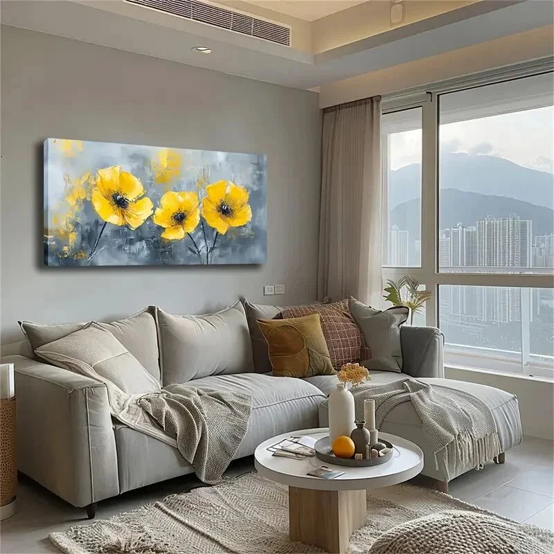 Vibrant Yellow Flowers Stems Wall Art Canvas Office Home Room Framed 120x60cm