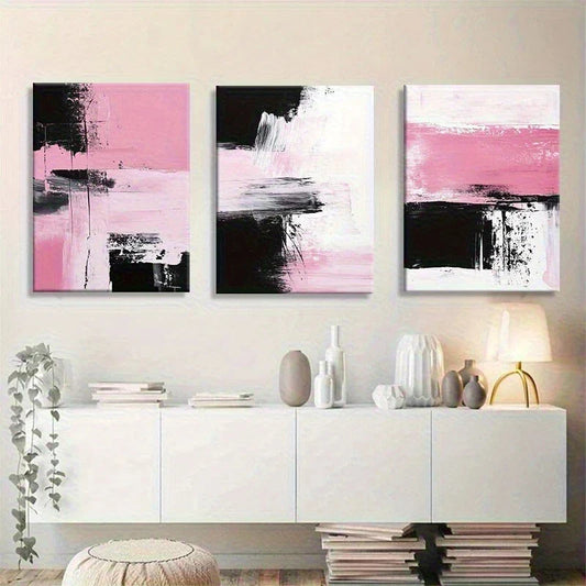 3pcs Abstract Pink & Black Brushstroke Metal Print Ready to Hang Art