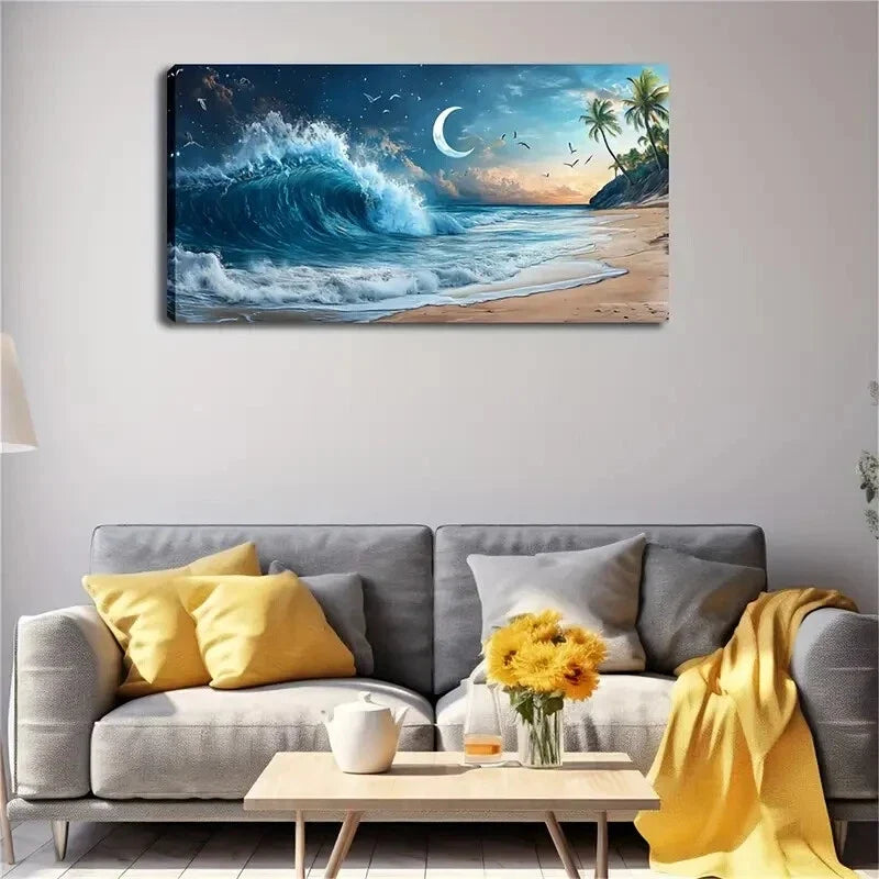 Serene Beach Scene Moonlit Wall Art Canvas Office Home Room Framed 120x60cm