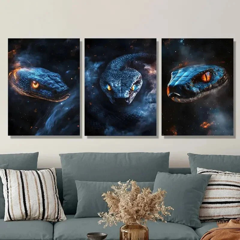 3pcs Fantasy Snakes with Neon Glow Metal Print Ready to Hang Art