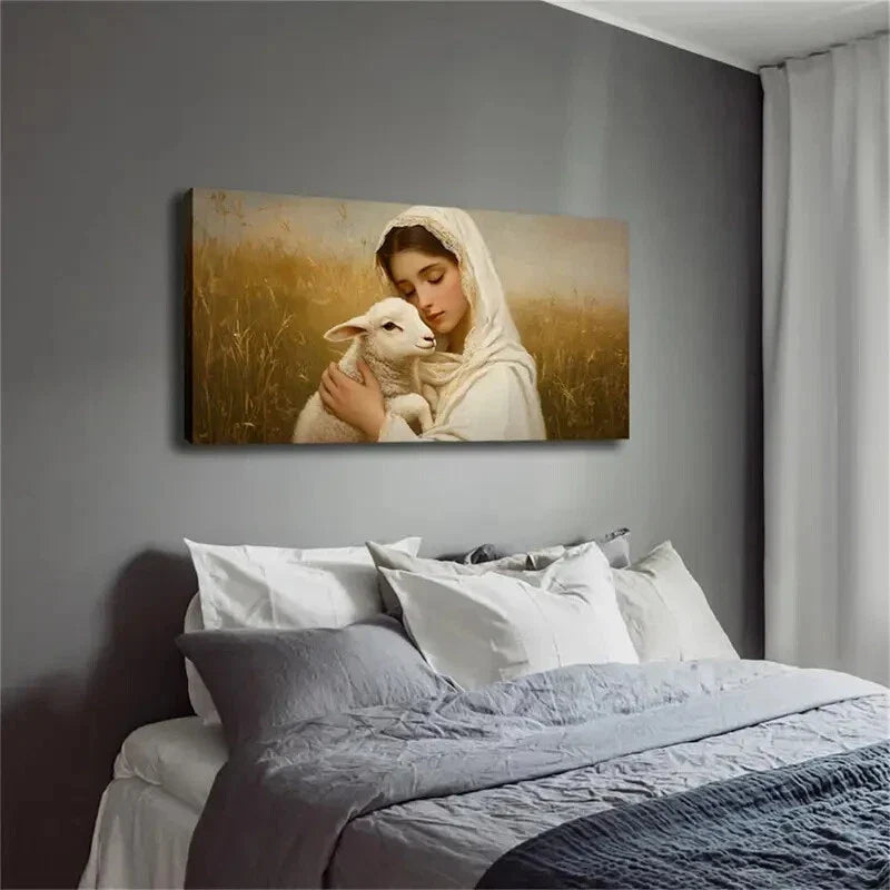 Serene Woman Lamb Nature Scene Wall Art Canvas Office Home Room Framed 120x60cm