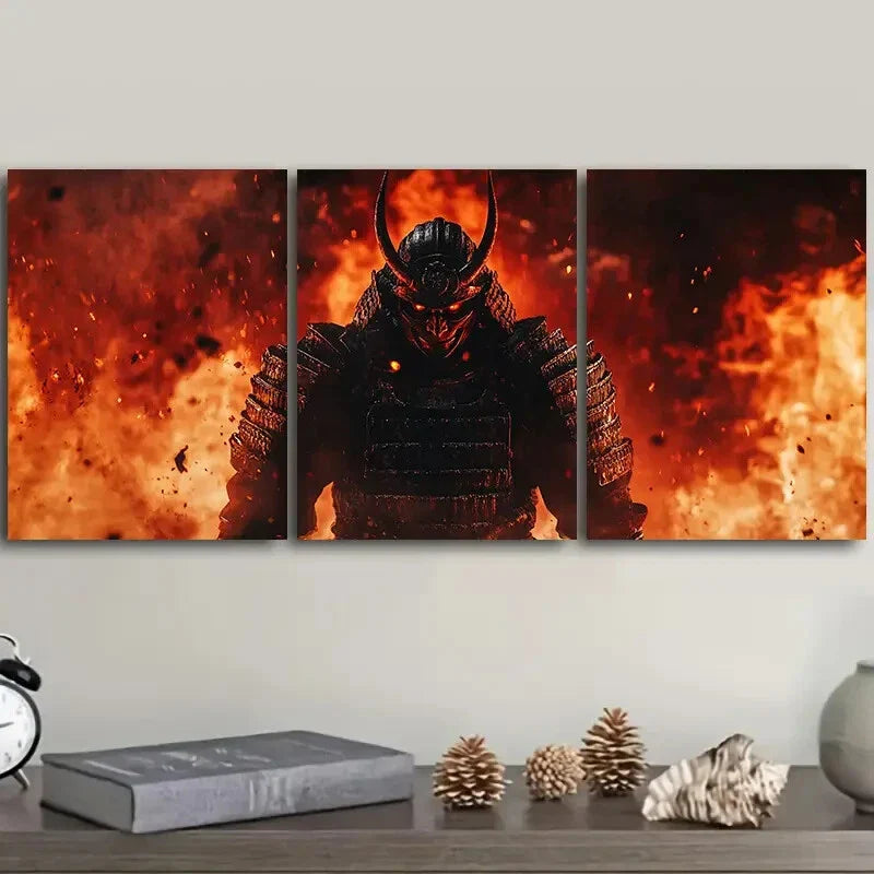 3pcs Crimson Warrior with Black Horns, Metal Print Ready to Hang Art