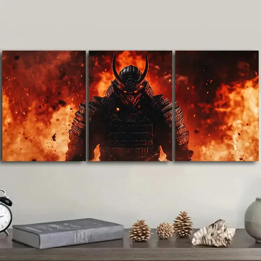 3pcs Crimson Warrior with Black Horns, Metal Print Ready to Hang Art