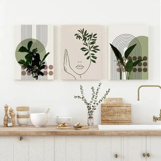 3pcs Green Plant & Abstract Design Metal Print Ready to Hang Art