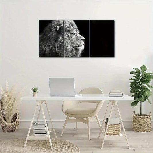 3pcs Animals Male Lion Black & White Metal Print Ready to Hang Art