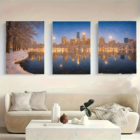 3pcs A Snowy Night Scene with City Skyline Metal Print Ready to Hang Art
